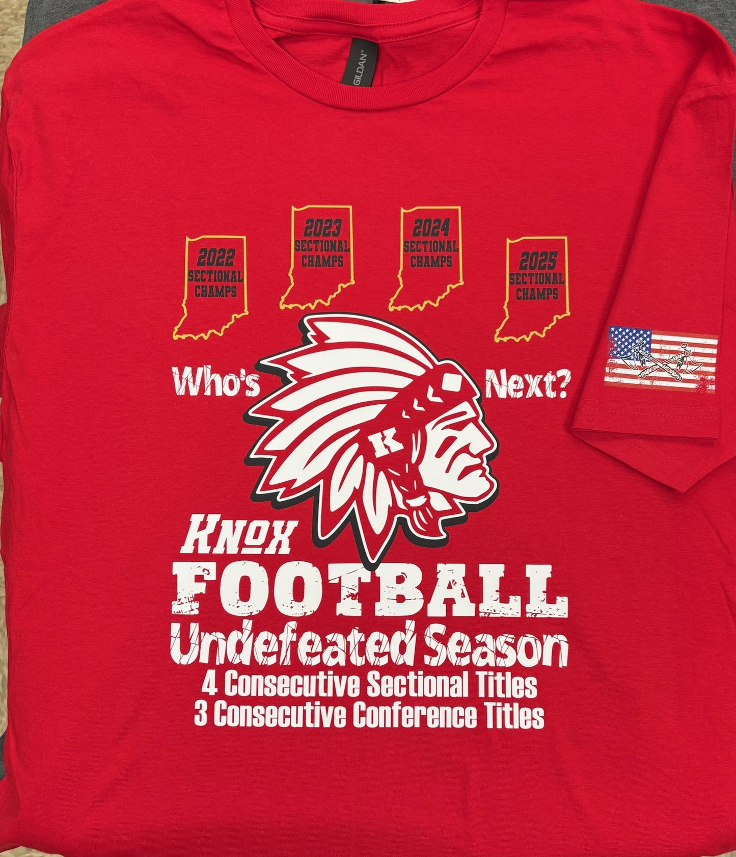 2025 Knox Football Sectional Champs - T-shirt, Long Sleeve, or Hoodie - Red - Optional Name on Back Print