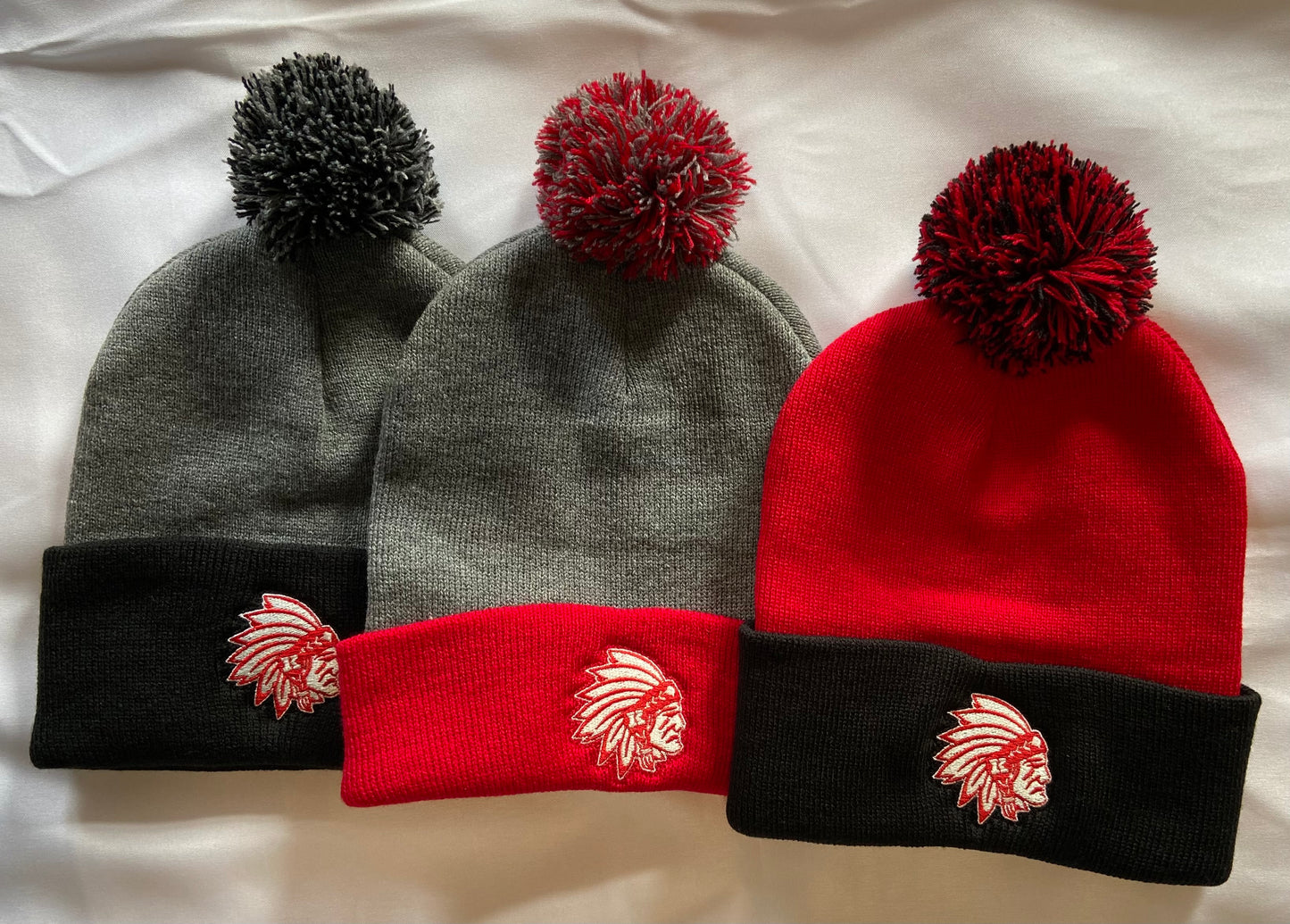 Knox Redskins Embroidered Logo Beanies Winter Pom Pom Hats - 3 styles Red Black Grey