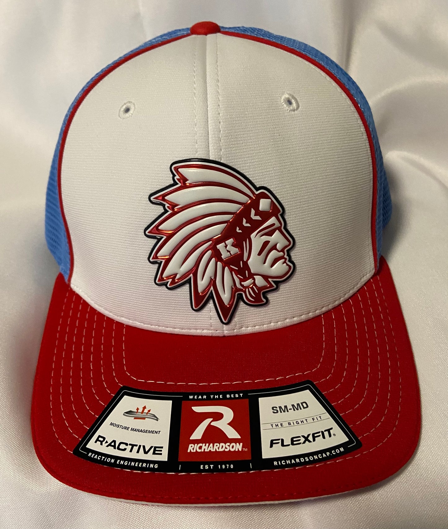 Knox Redskins 3D FlexFit Baseball Hat - Fitted cap S/M or L/XL - White/Baby Blue/Red