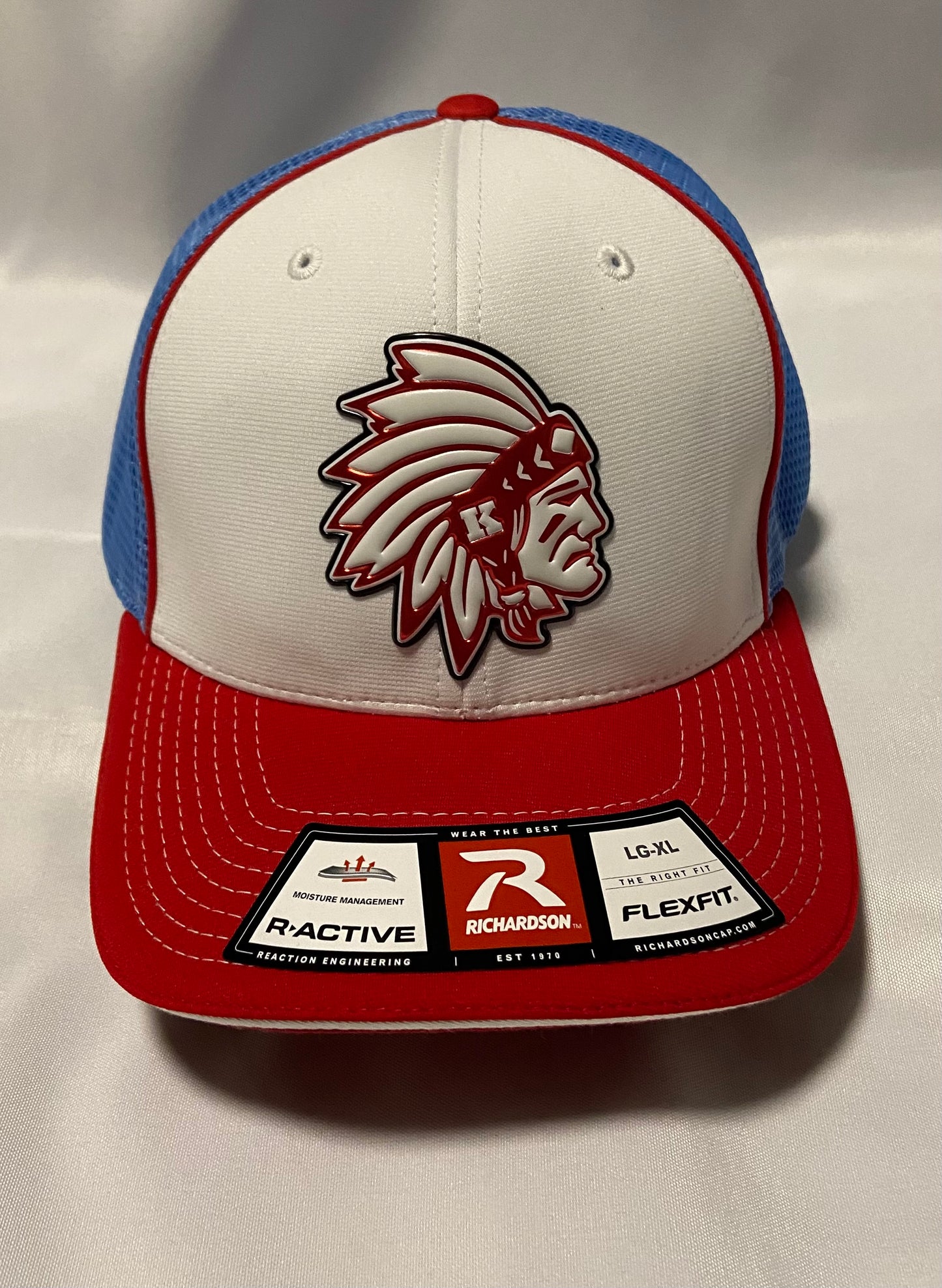 Knox Redskins 3D FlexFit Baseball Hat - Fitted cap S/M or L/XL - White/Baby Blue/Red