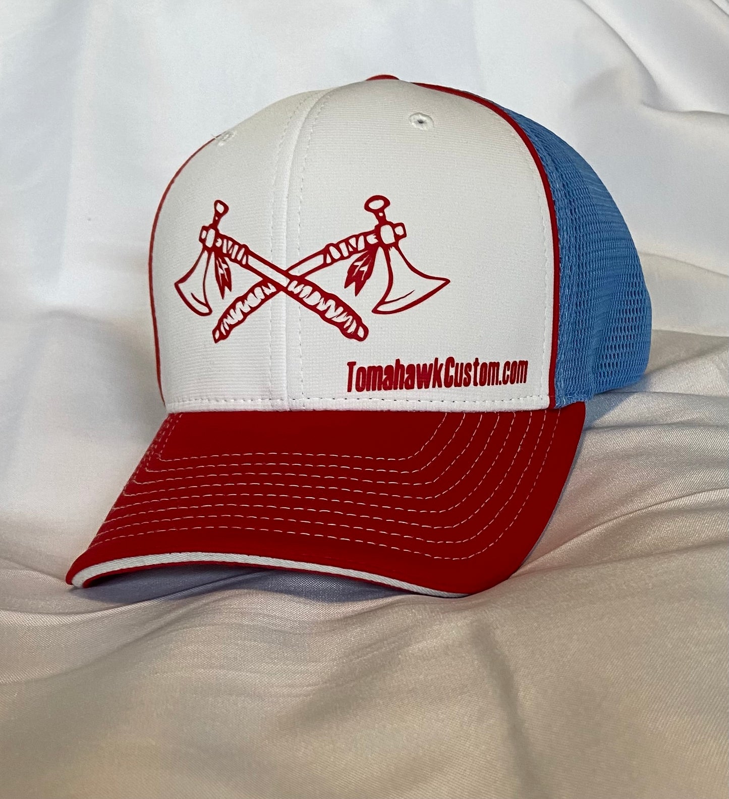 Tomahawk Custom Logo FlexFit Baseball Hat - Fitted S/M or L/XL - White/Baby Blue/Red
