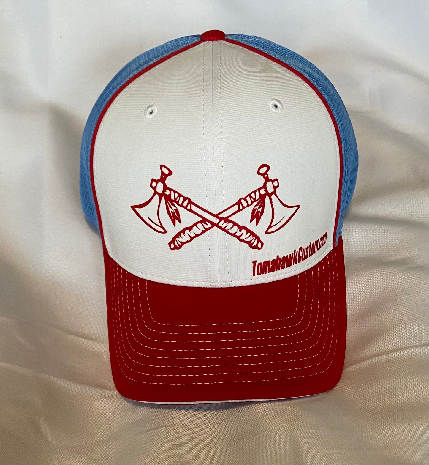 Tomahawk Custom Logo FlexFit Baseball Hat - Fitted S/M or L/XL - White/Baby Blue/Red