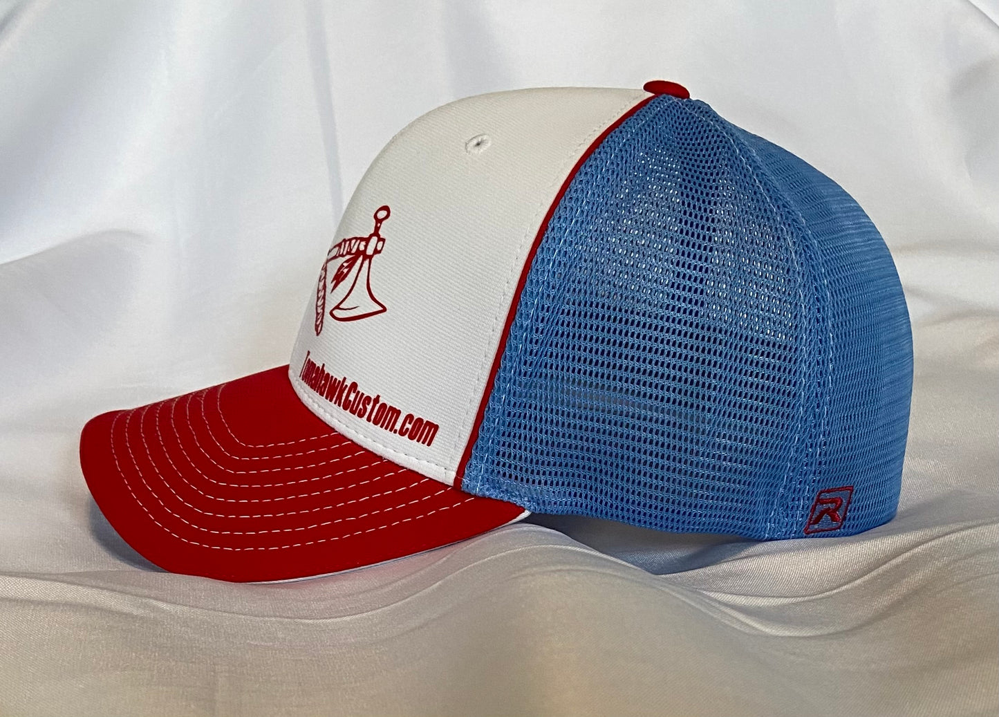 Tomahawk Custom Logo FlexFit Baseball Hat - Fitted S/M or L/XL - White/Baby Blue/Red