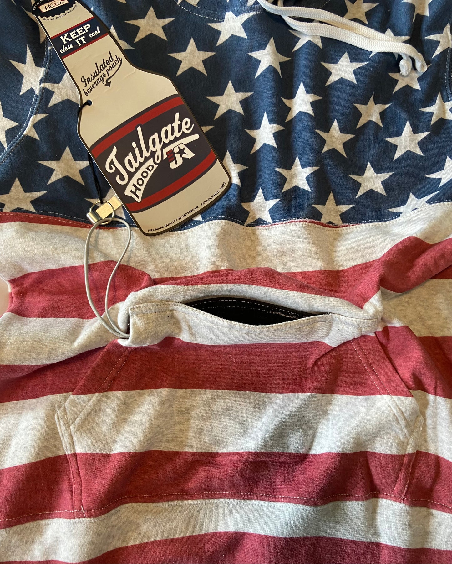 Stars & Stripes TAILGATE Hoodie with Insulated Beverage Pocket and Bottle Opener