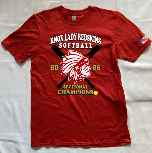 2025 Knox Lady Redskins Softball SECTIONAL CHAMPS T-Shirt - Red - Optional Roster on Back