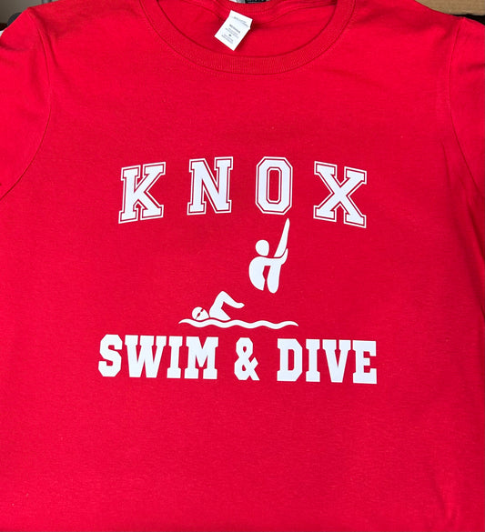 Knox Redskins Swim & Dive T-shirt - Front and Back print - Red - Adult and Youth Sizes