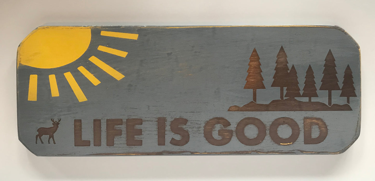 Handmade Distressed Wood Sign LIFE IS GOOD Deer Sunshine
