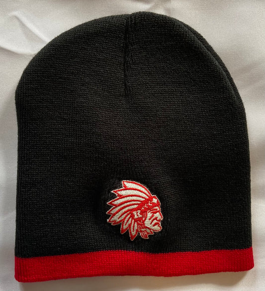 Knox Redskins Embroidered Logo Beanie - Winter Hat - Black with Red stripe