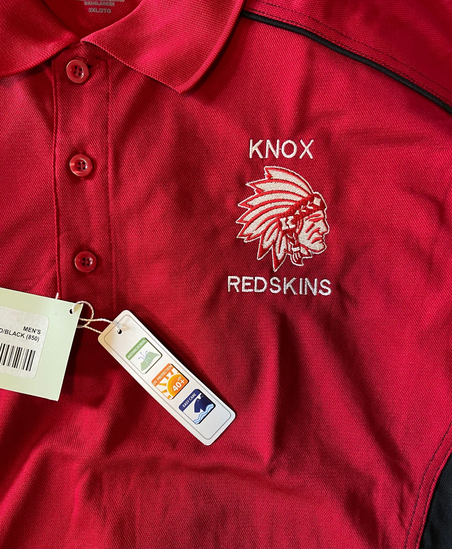 Embroidered Knox Redskins Polo 2XL - Red and Black - UPF 40+ Moisture Wicking