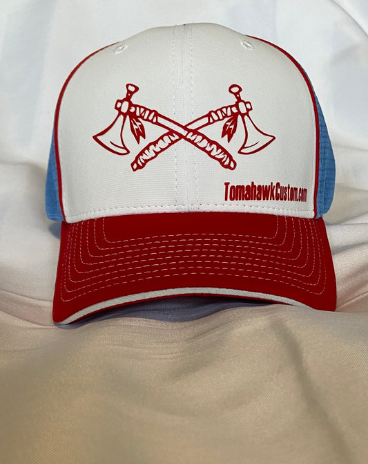 Tomahawk Custom Logo FlexFit Baseball Hat - Fitted S/M or L/XL - White/Baby Blue/Red