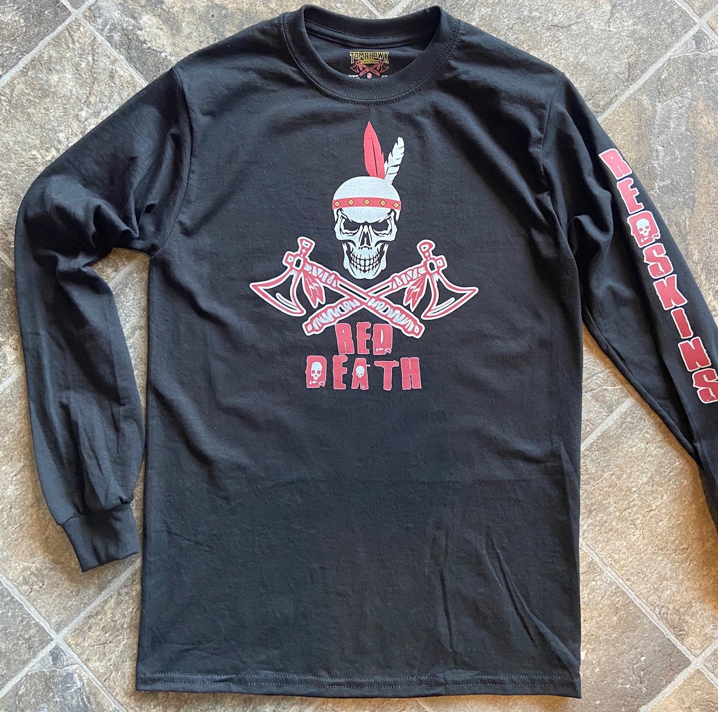 Long Sleeved Redskins Football RED DEATH Defense T-Shirt - Skull Tomahawks