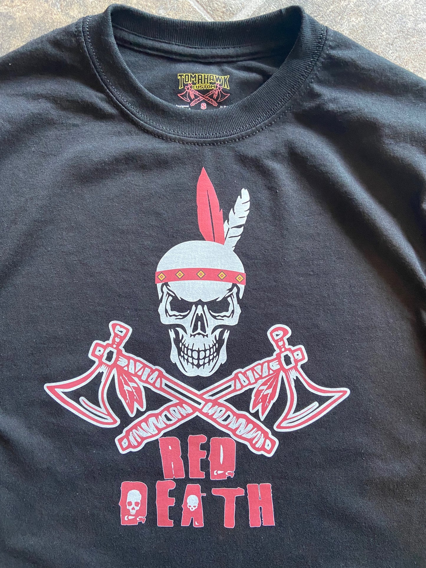 Long Sleeved Redskins Football RED DEATH Defense T-Shirt - Skull Tomahawks